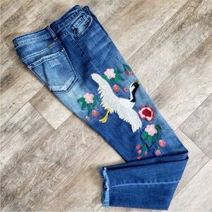 KanCan • Embroidered Mid-Rise Ankle Skinny Jeans Size 27 Bird Flower Embrodiery